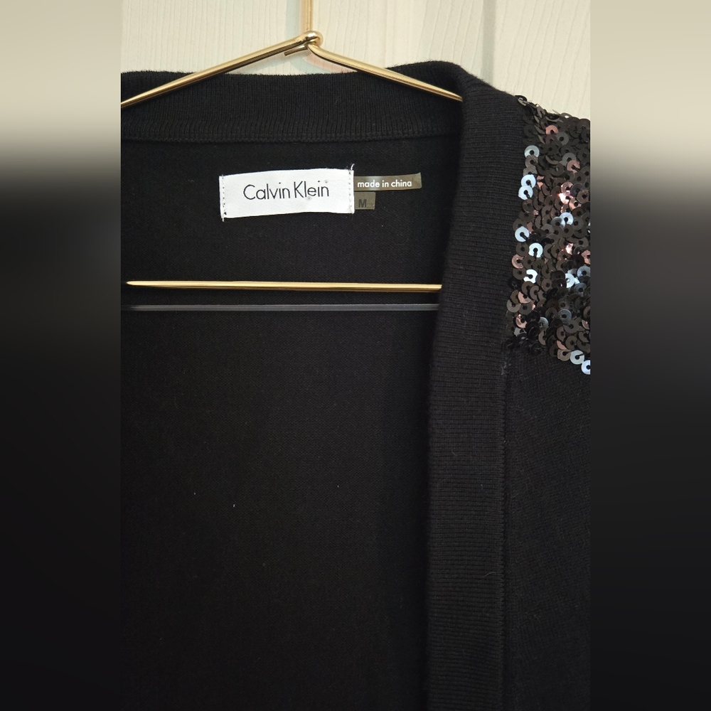 Calvin Klein Black Sequin Crop Cardigan Sweater Shrug - Picture 2 of 11
